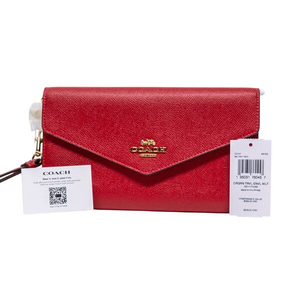 Large Roomy COACH Red Crossgrain Leather Travel Envelope Wristlet Wallet NWT - Picture 2 of 8